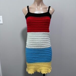Handmade Crochet Knit Colorblock Stripe Dress Primary Color Red Blue White